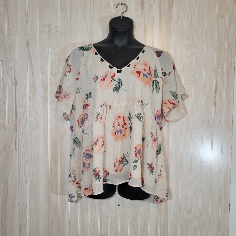 Lucky Brand Cream Floral Blouse Top Sz 2X